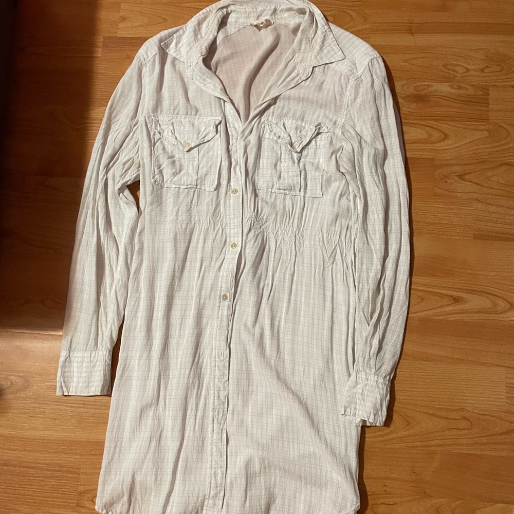 XS Aritzia Wilfred Free White and Gray Boyfriend Button-Up Shirt Dress